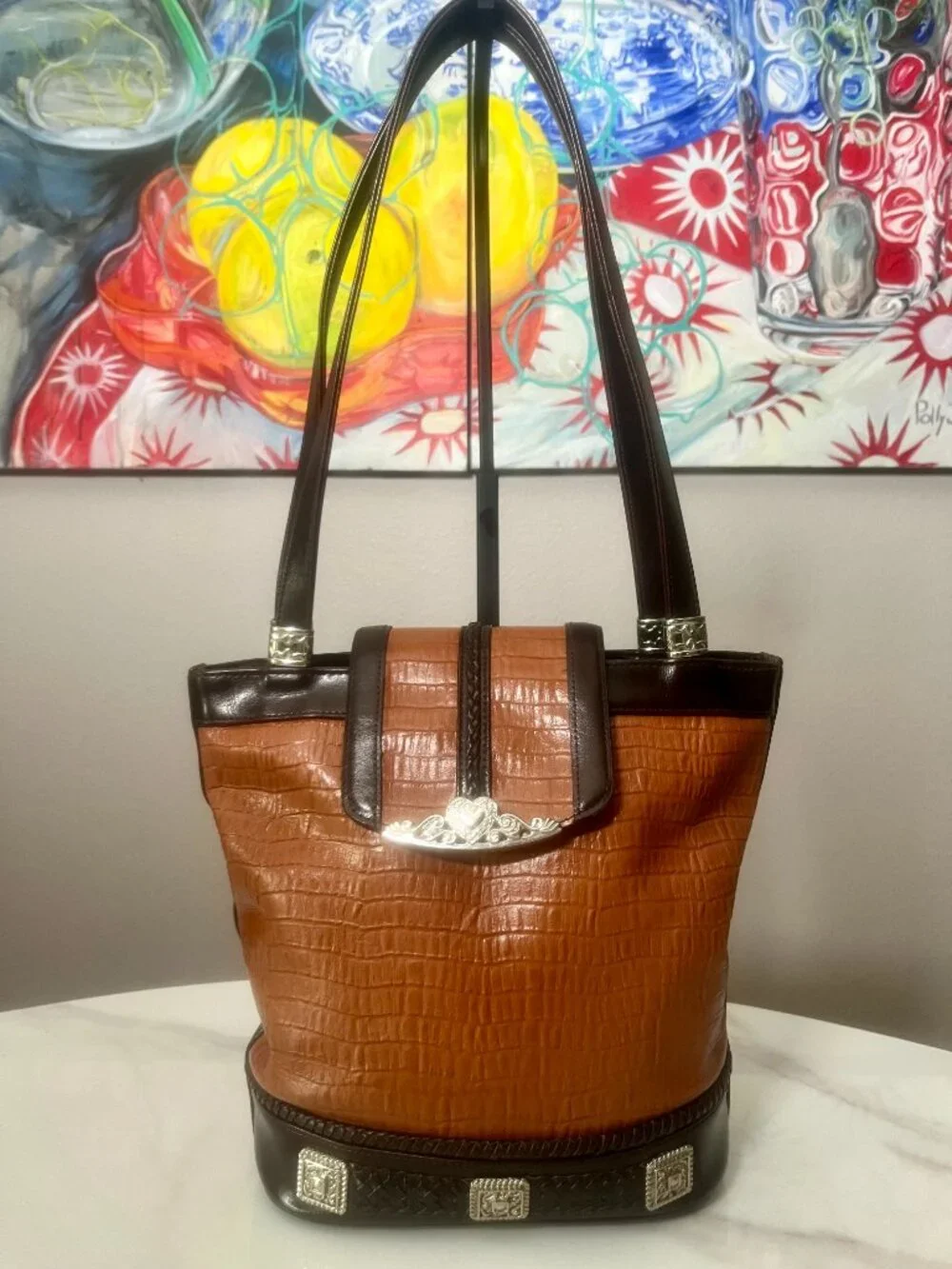 Brown Croc-Embossed Shoulder Tote with Silver Heart Hardware